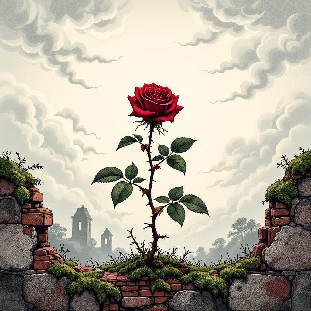 Crimson Rosebush in Moss-Covered Ruins