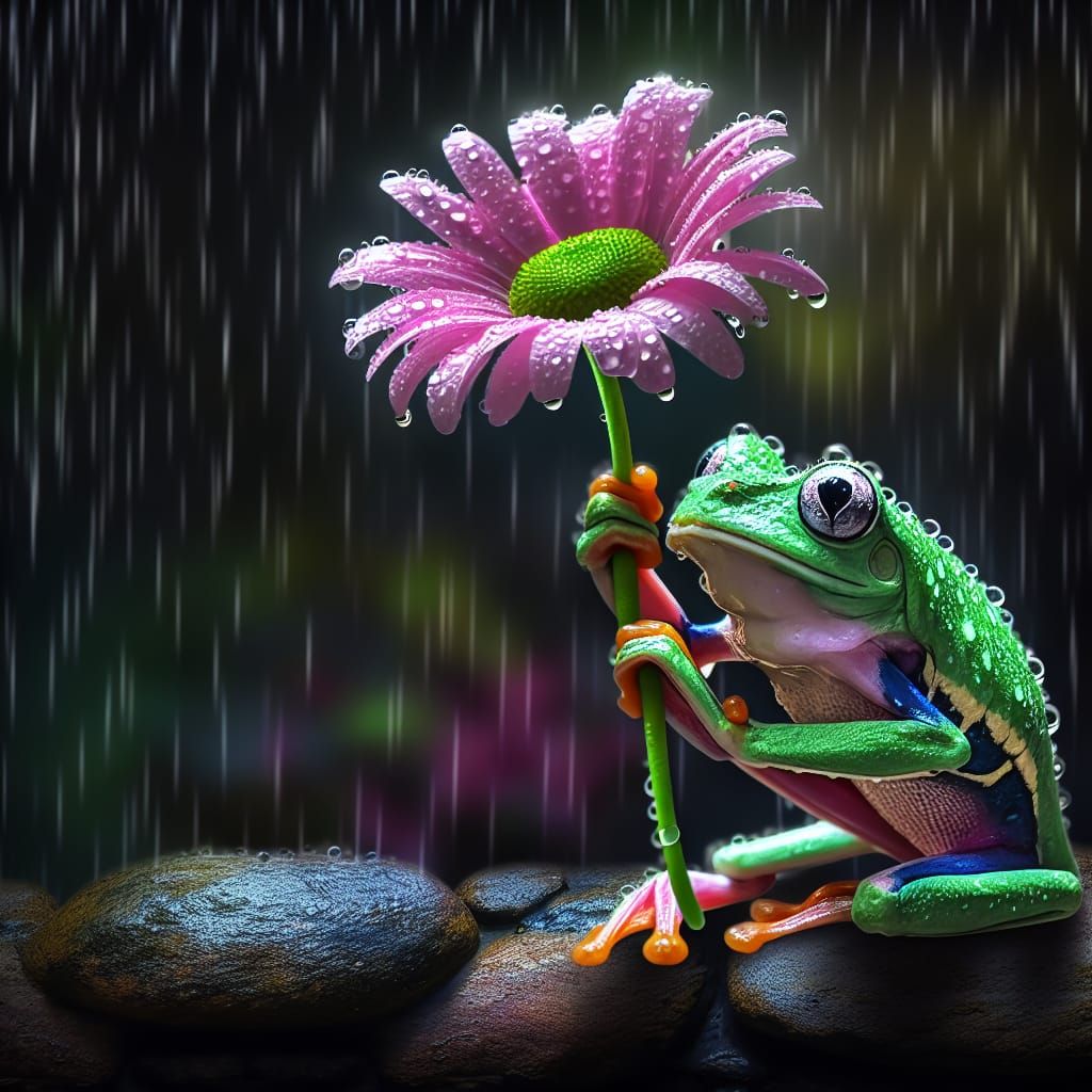 Green Frog Gripping Daisy in Rainy Rock Garden