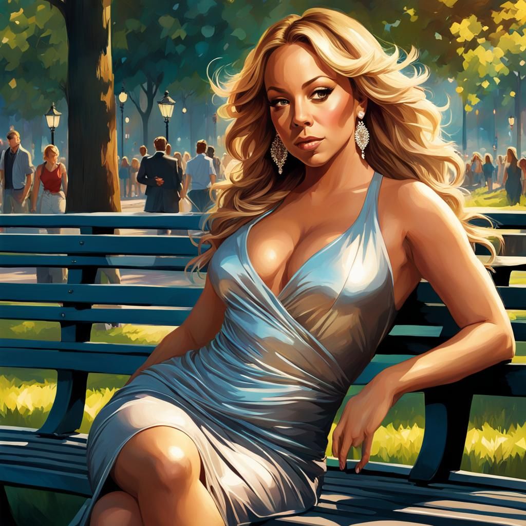 Mariah Carey resting on a bench in the park.