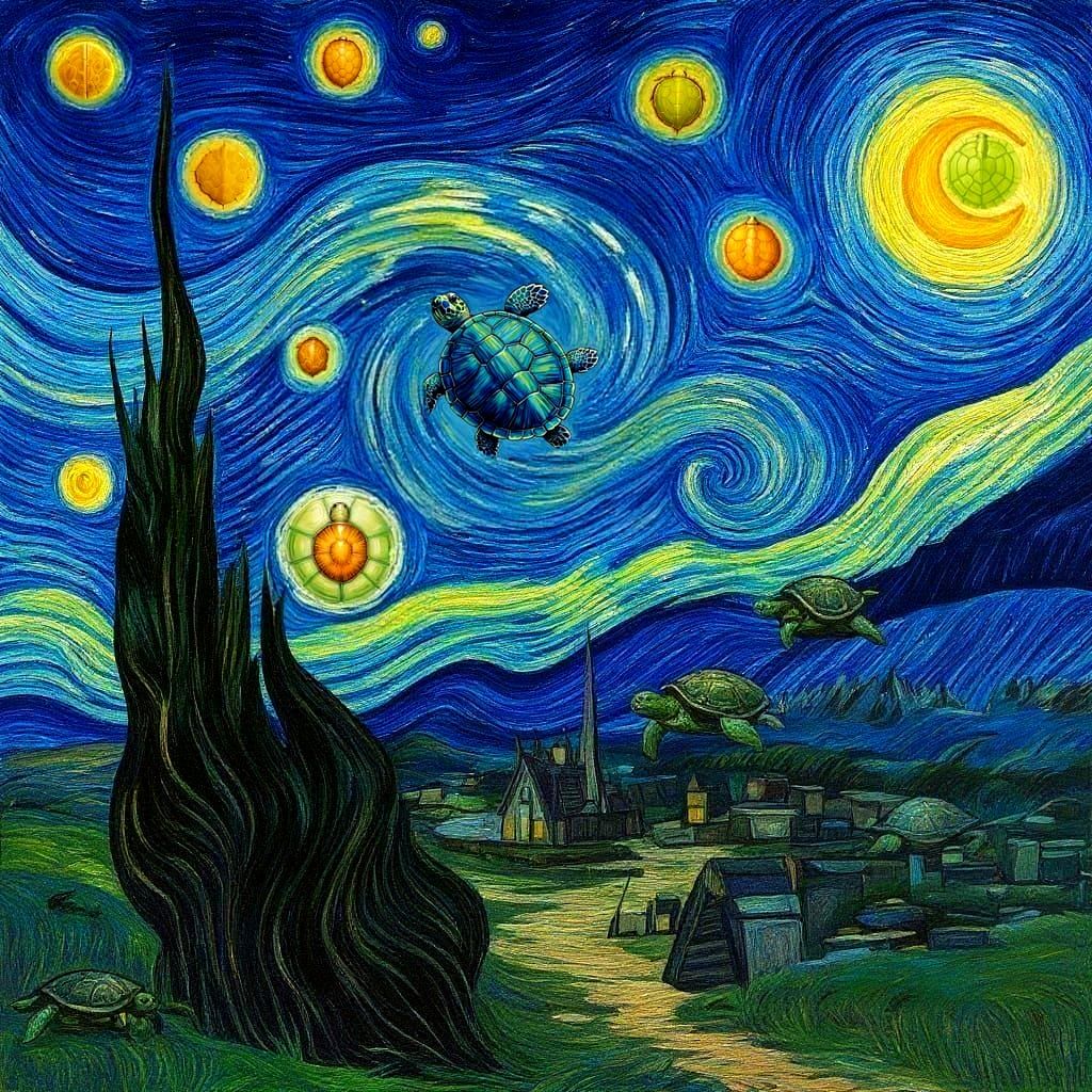 Impressionist Turtle Floating in Starry Sky