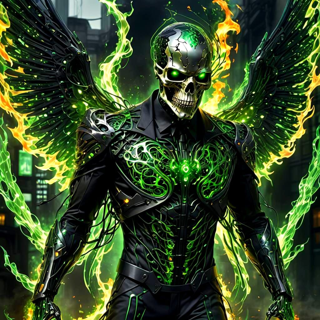 Cybernetic Superhero with Flaming Skull and Wings