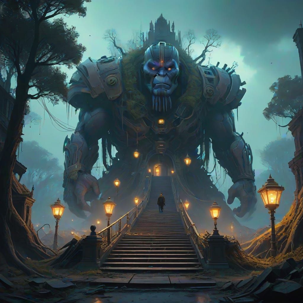 Golden Titan Overlooks a Dark, Surreal Realm