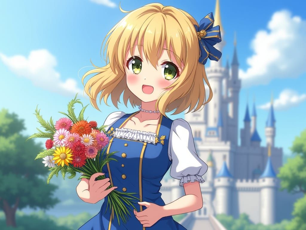 Anime Girl with Flowers and Castle Backdrop