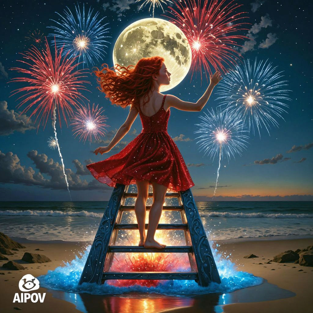 Girl Climbs Ladder to Fireworks Display