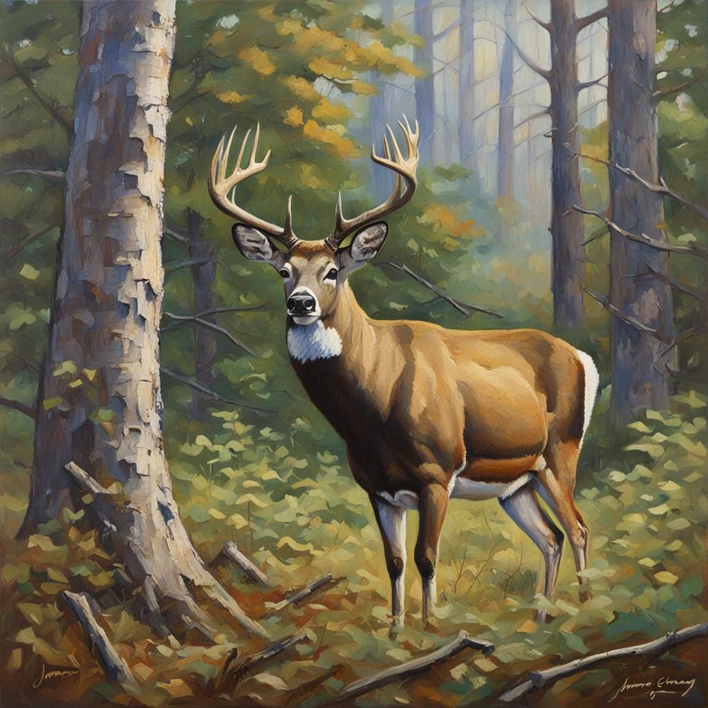 White-Tailed Buck in Forest as Oil Painting