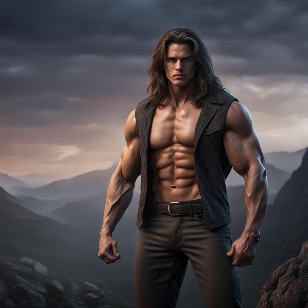 Hyperrealistic Muscular Man with Long Hair