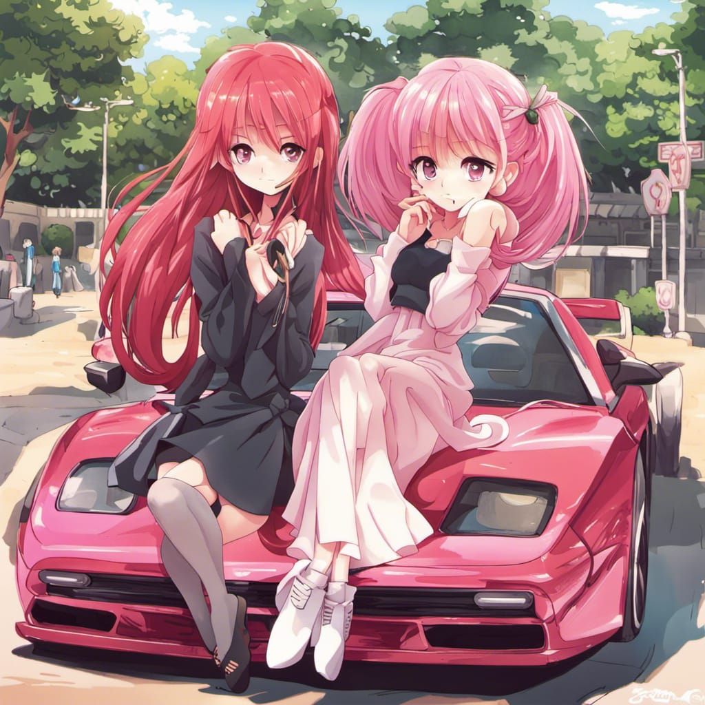 Anime Girls with Supercar in Manga Style