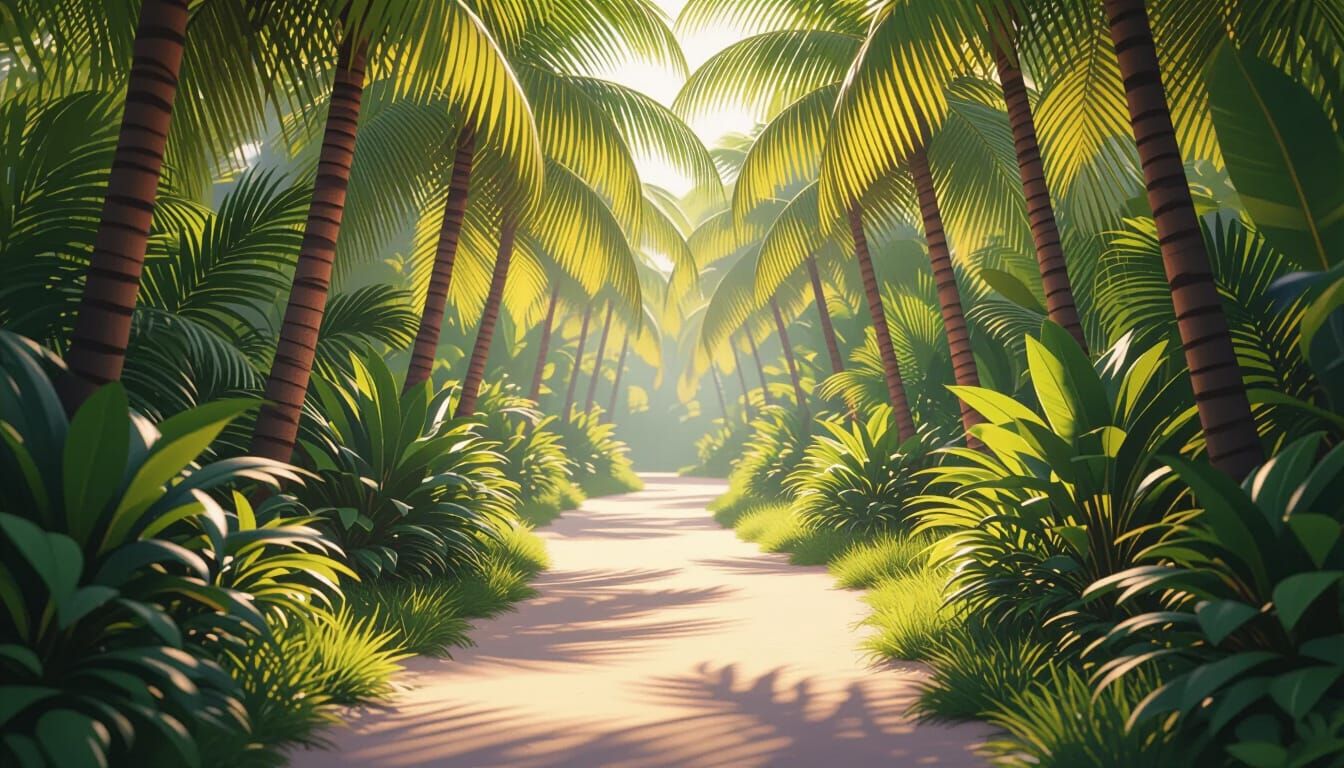 Lush Palm Grove Path in Photorealistic Style