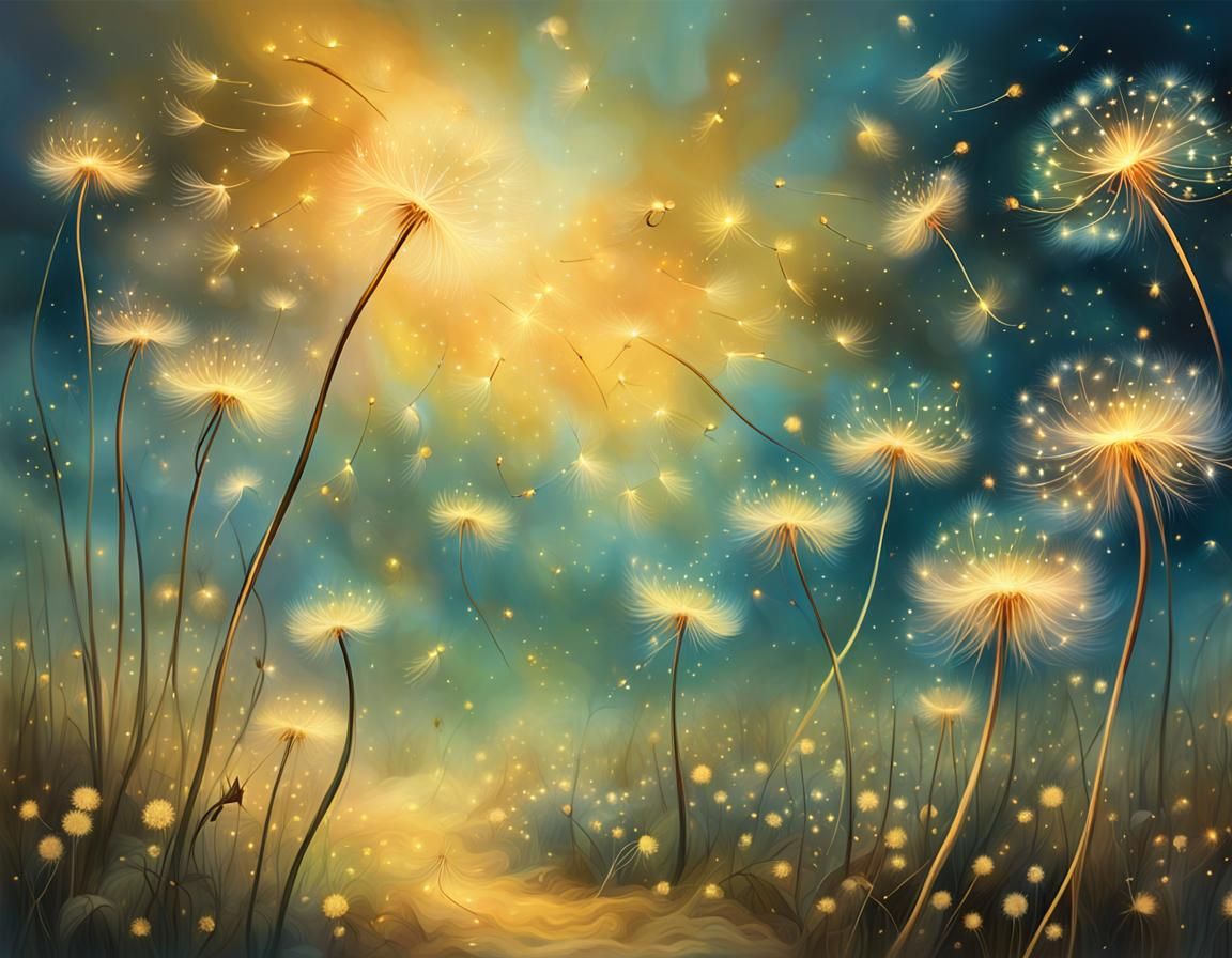 Fireflies and Dandelions in Surreal Fantasy Painting