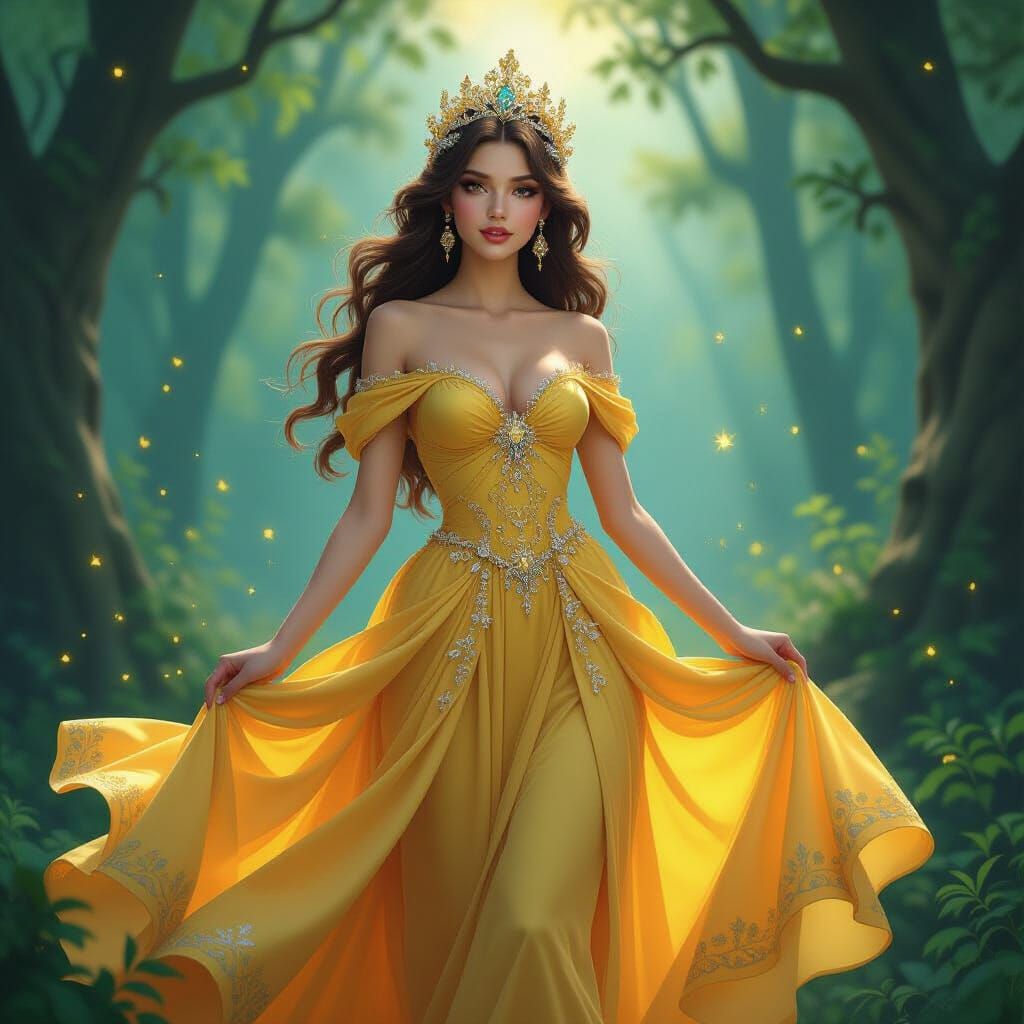 Whimsical Fairy Goddess in Golden Floral Gown