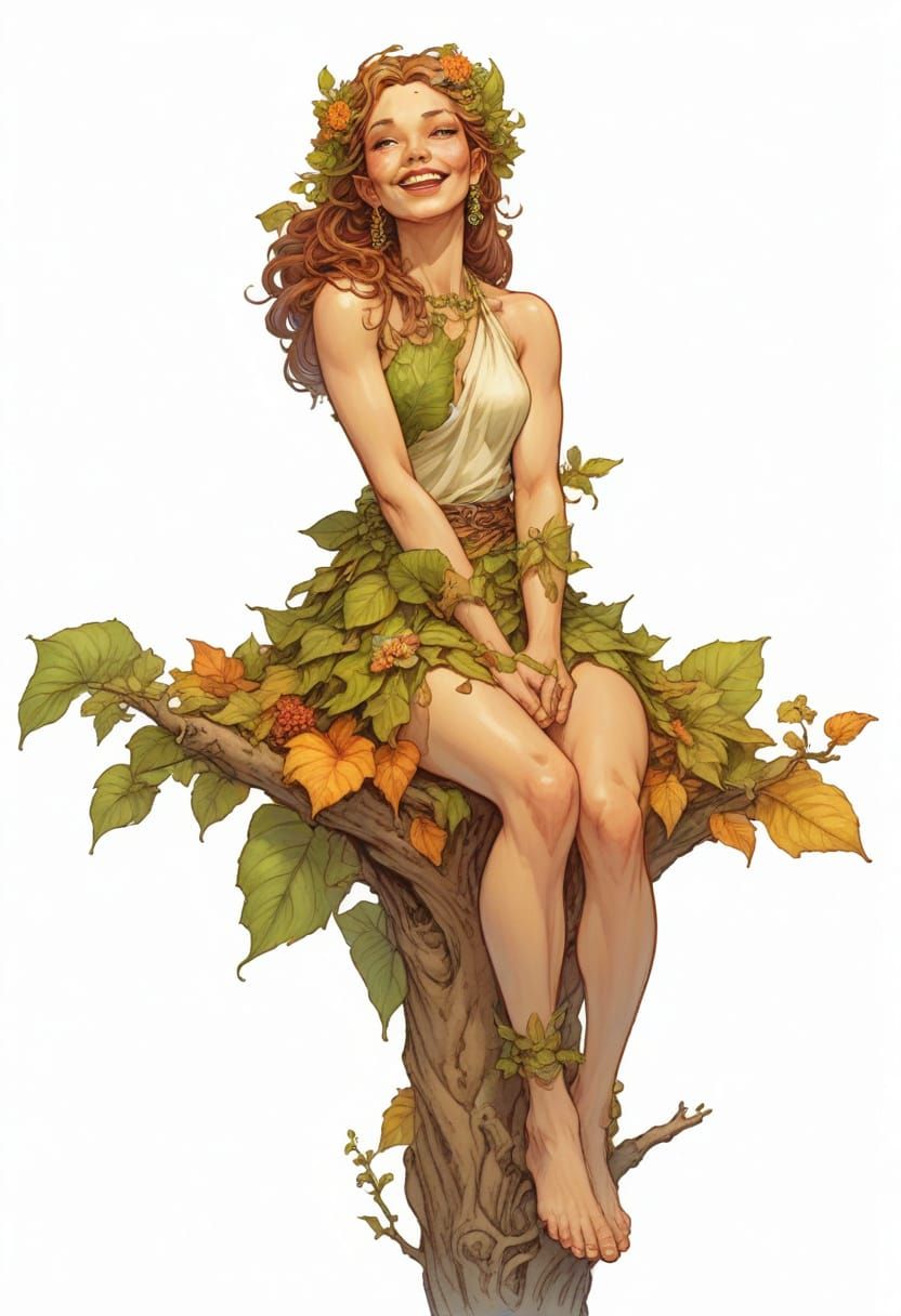 Happy Dryad Illustration with Flowers and Leaves