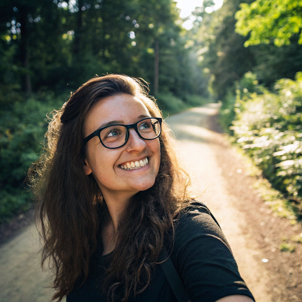 Woman with Glasses Smiling on Forest Trail