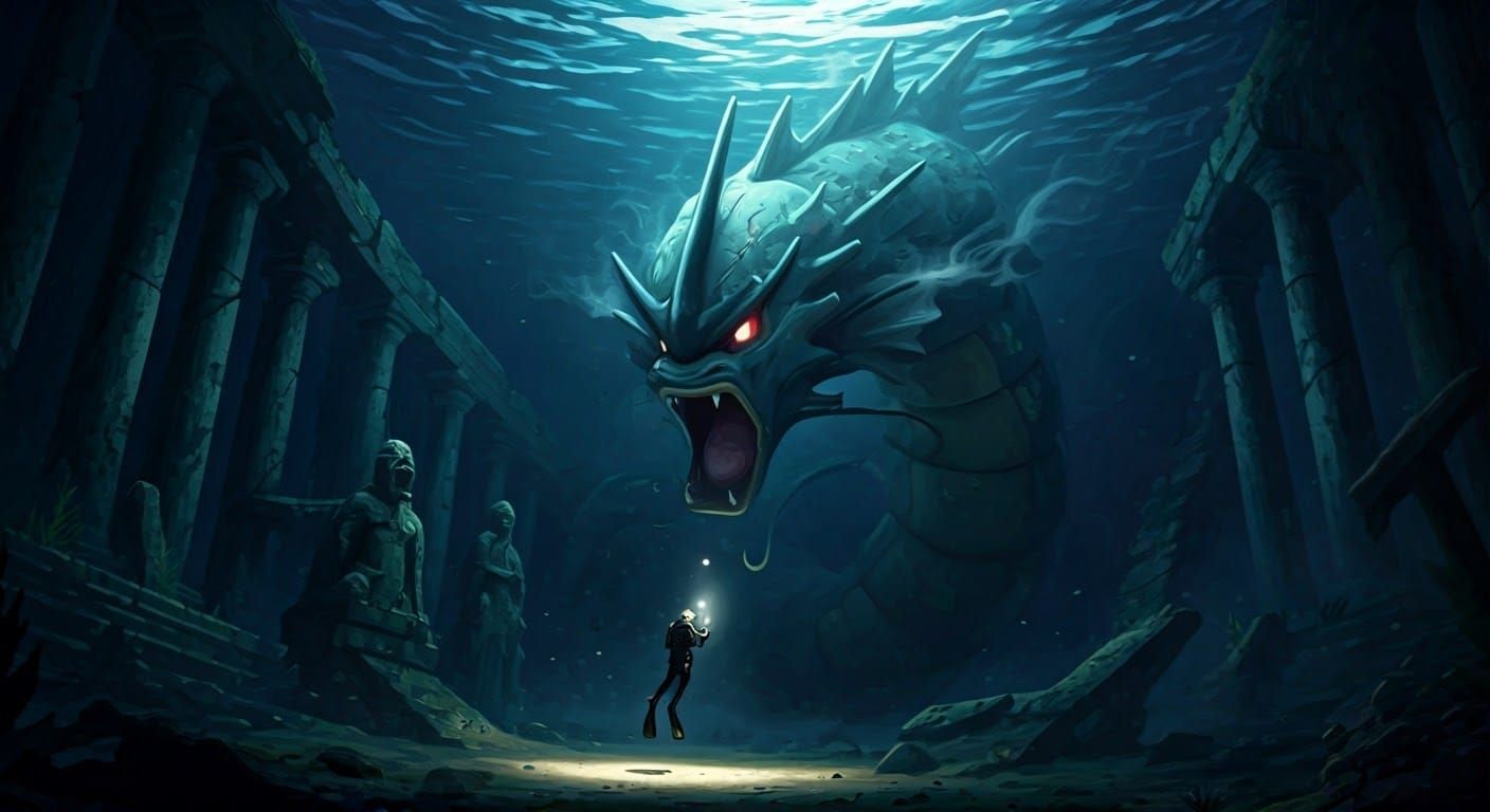 Colossal, Ancient Gyarados Drifts in Ocean Abyss, Unblinking...
