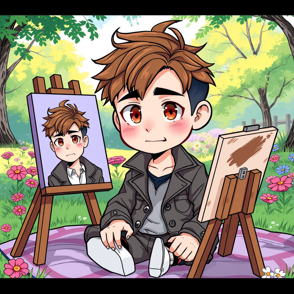 Chibi Artist Painting Portrait in Manga Style