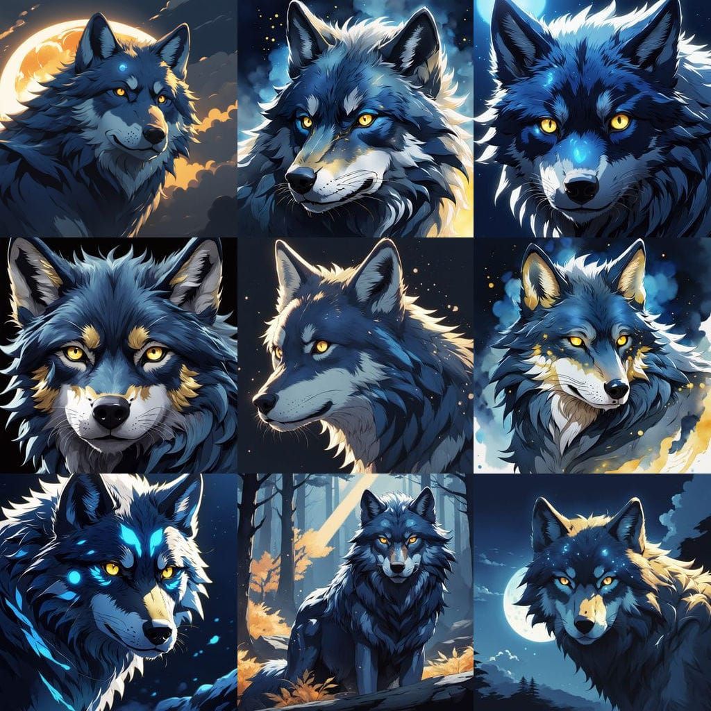 Navy Wolf with Gold Eye in Anime Style
