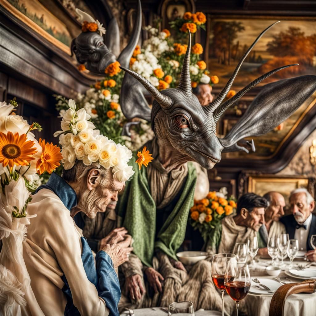 Surreal Alien Celebration in Restaurant, Hyperrealistic Pain...