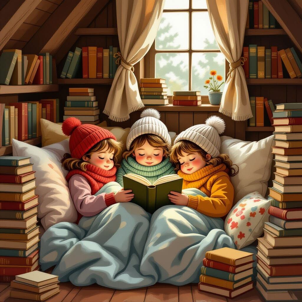 Children Sleeping Peacefully in Cozy Book Nook