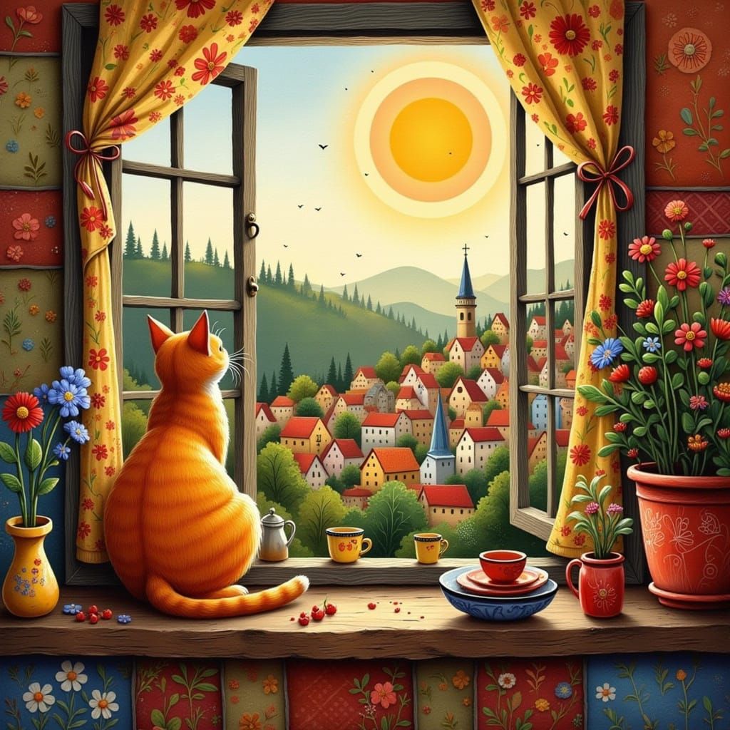Folk Art Cat Overlooking Village in Golden Light