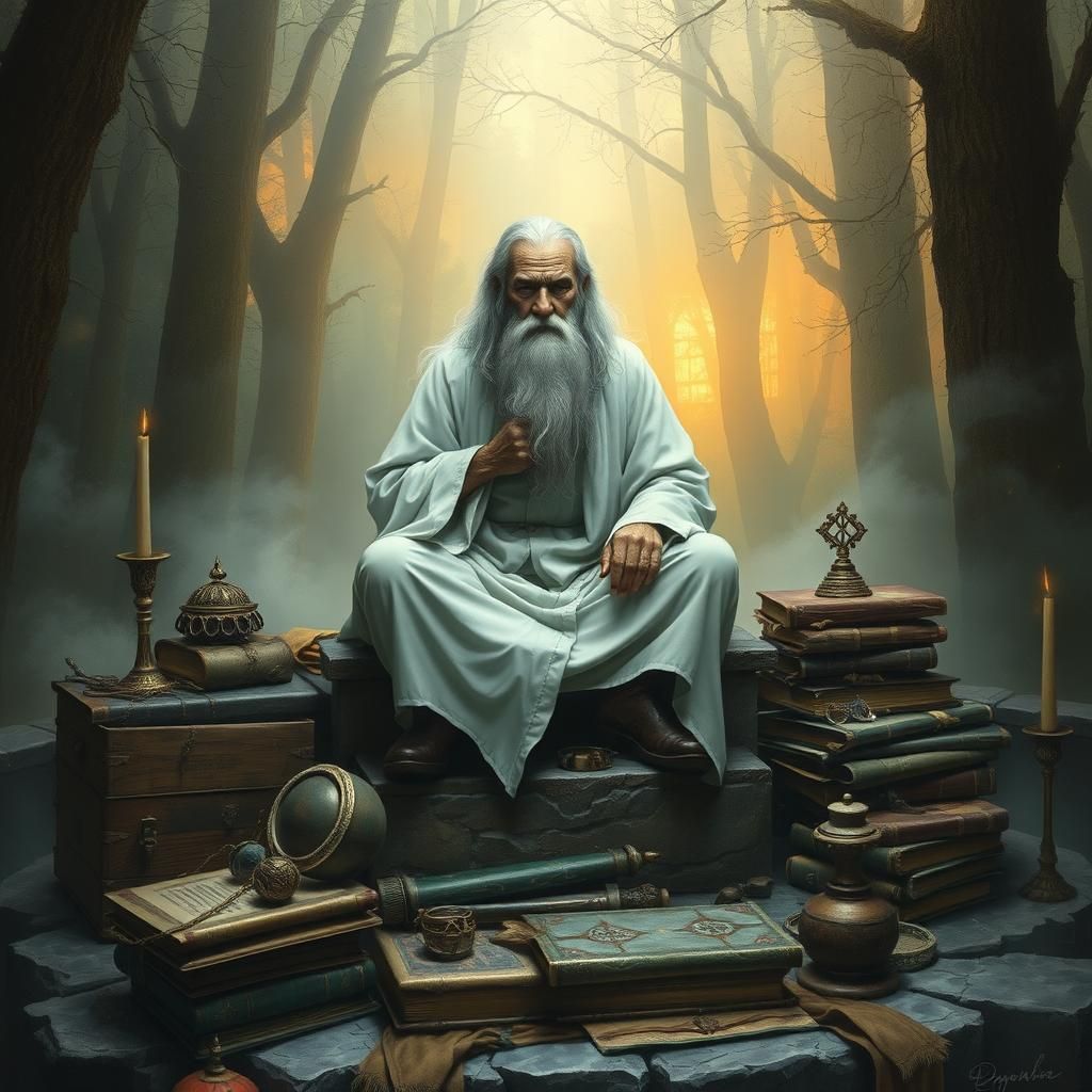 Mystical Sage Meditating in Ancient Forest