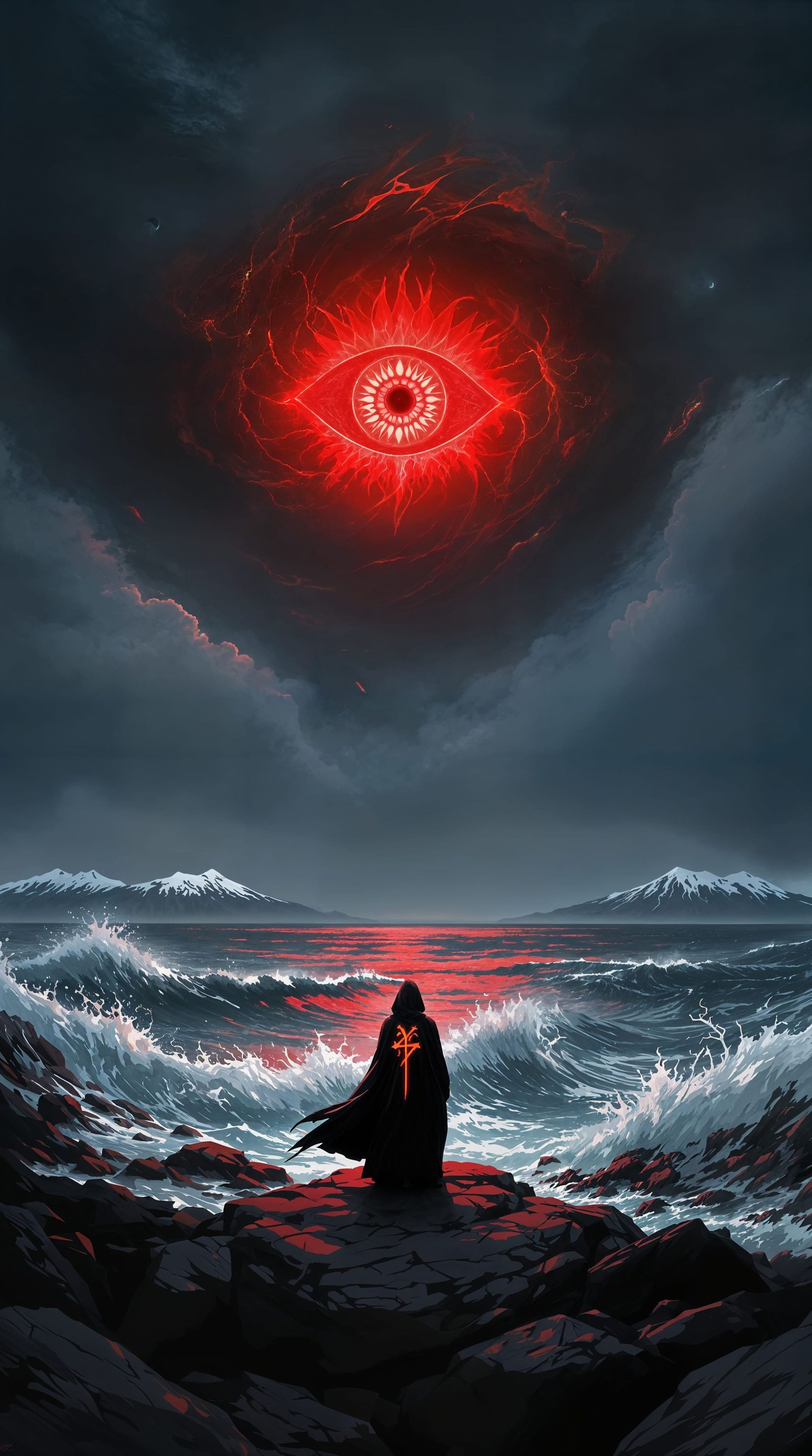 Mysterious Figure Stands Before a Blood-Red Eye