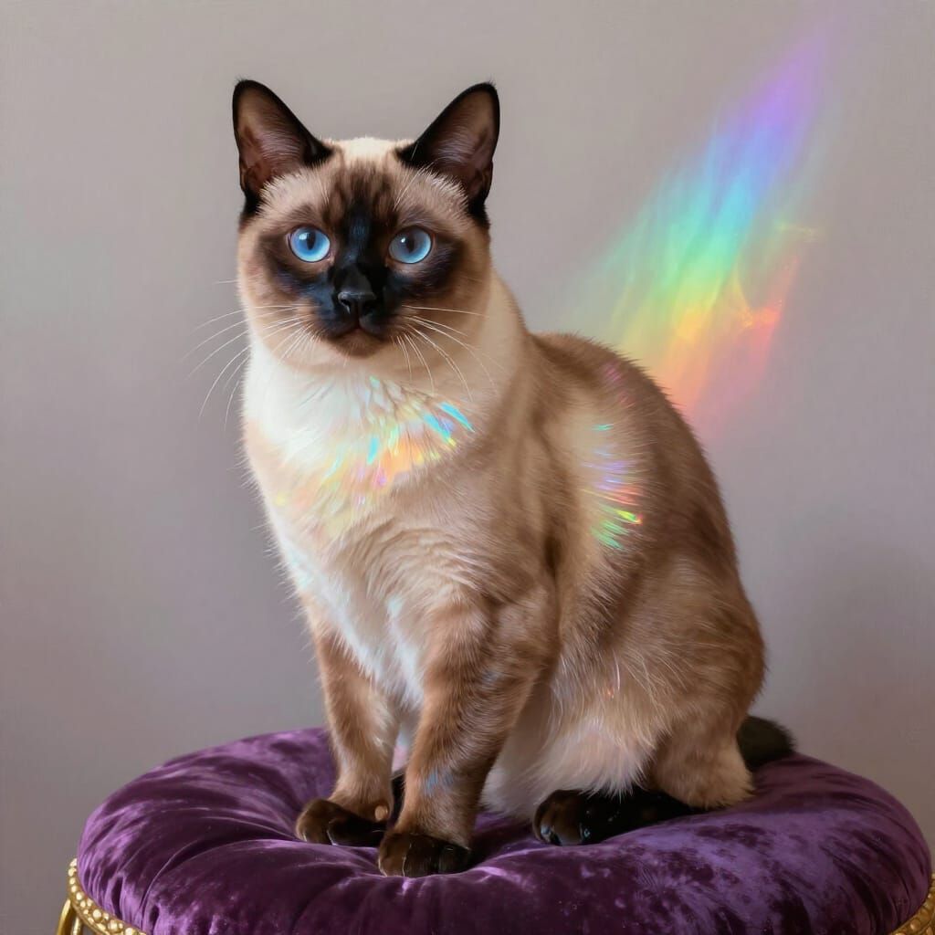 Prismatic Siamese Cat on Velvet Cushion