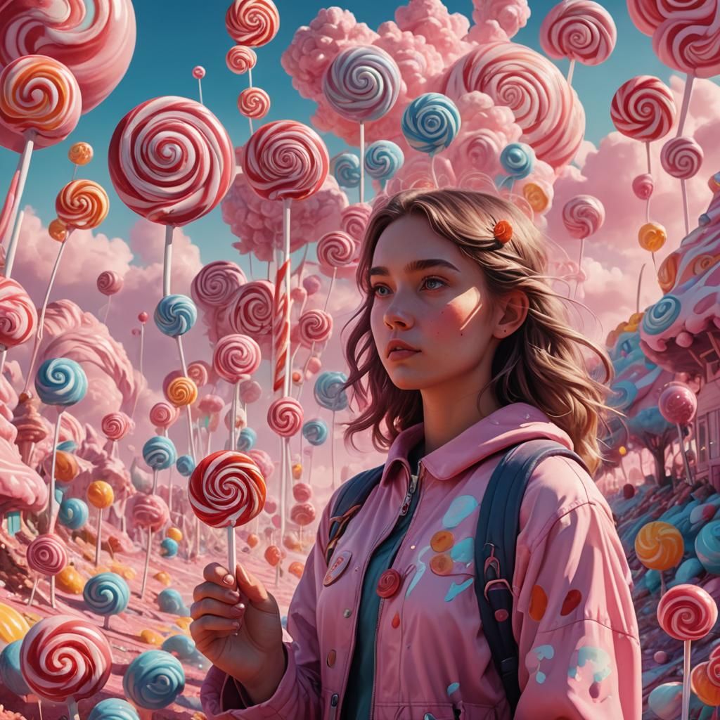 Girl in Candy Land with Swirling Lollipop
