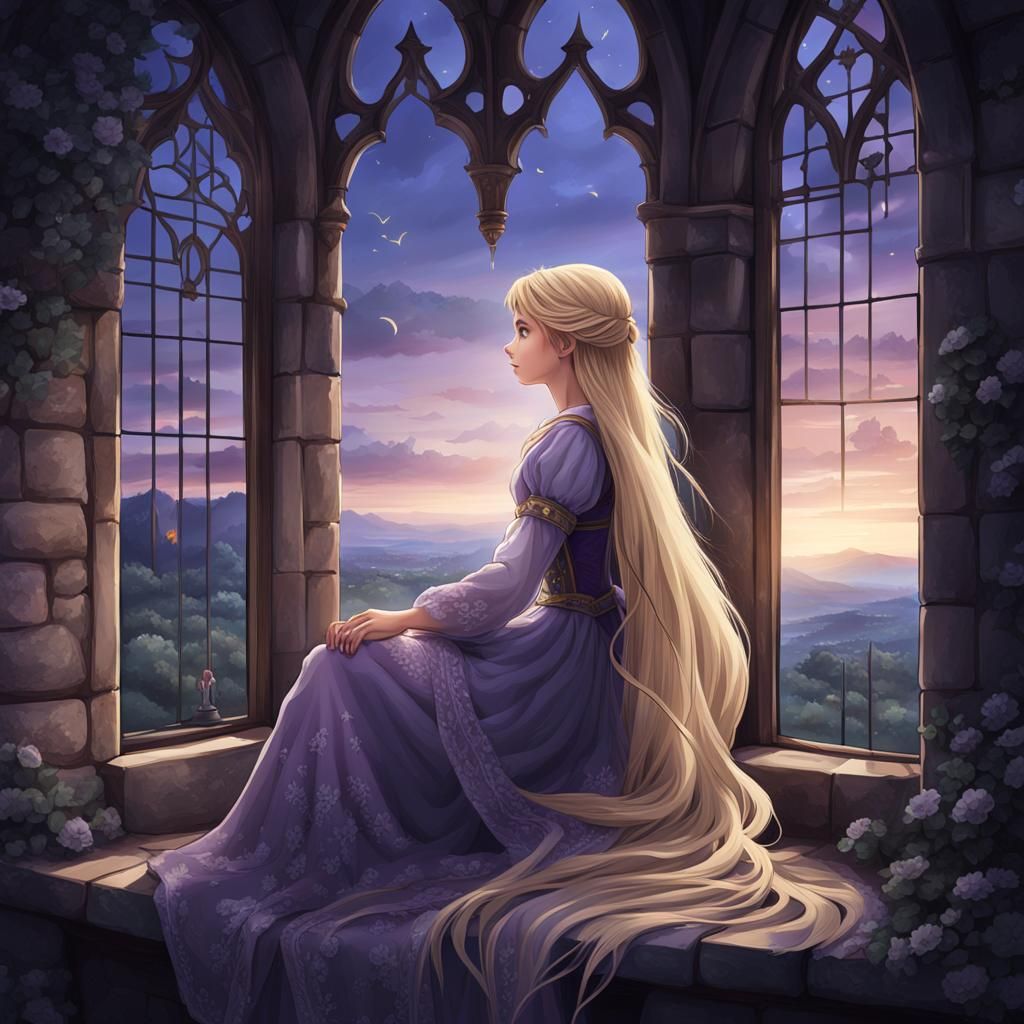 Anime German Woman in Tower Window at Midnight