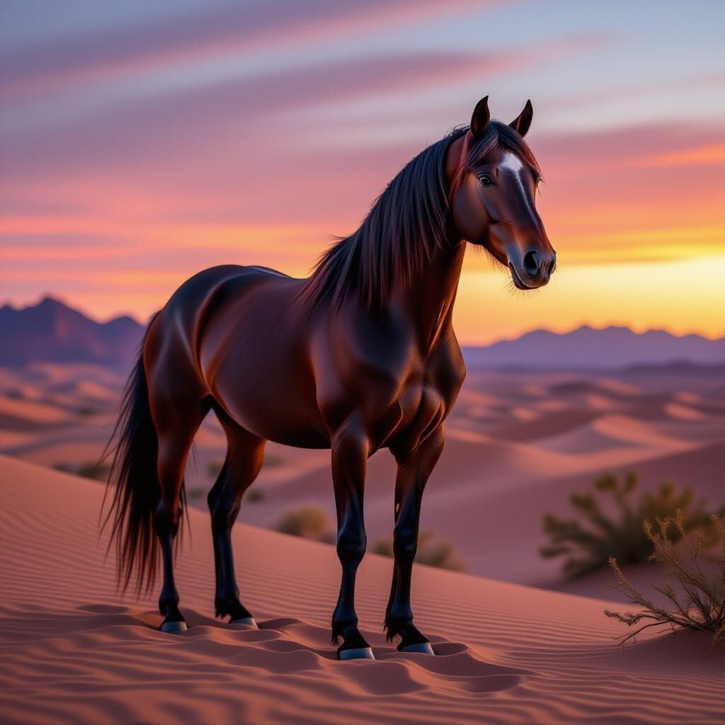 Majestic Arabian Horse in Windswept Desert Twilight