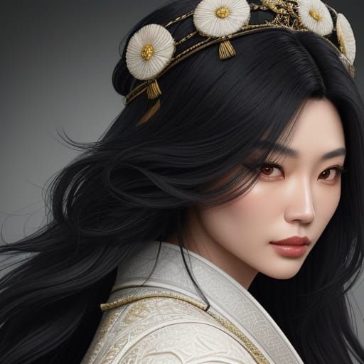 Hyperrealistic Close-Up of Asian Woman with Wavy Hair