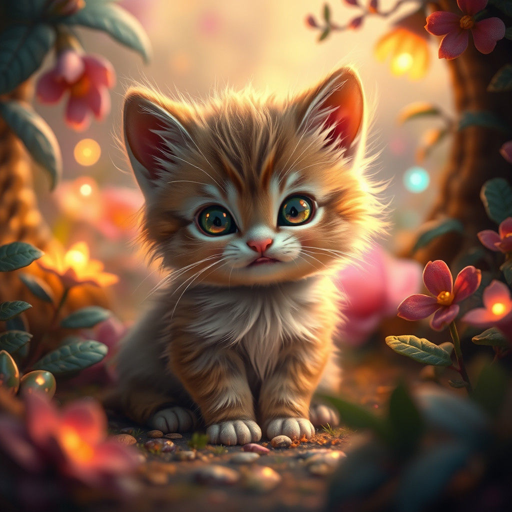 Enchanting Kitten in Dreamlike Forest, Digital Art