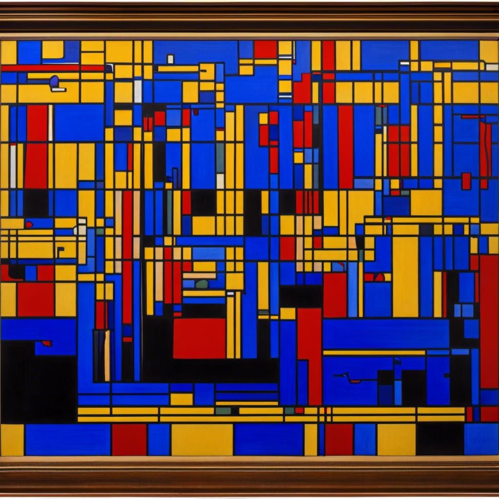 Art by Piet Mondrian, a lively jazz club, geometric abstraction of musicians, patrons, intersecting lines, primary color...