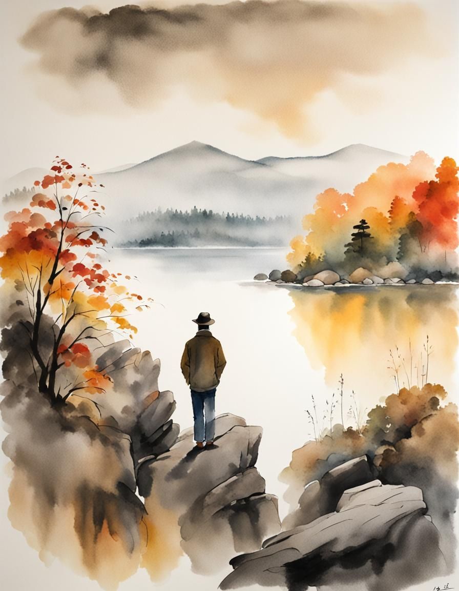 Misty Lake in Autumn Hues, Sumi-e Style