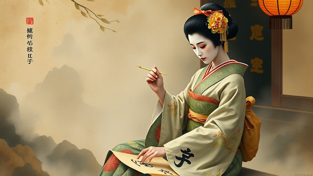 Geisha Composing Calligraphy in Misty Watercolor Style