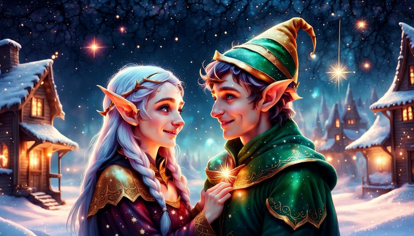 Happy Elf Couple in a Magical Winter Scene
