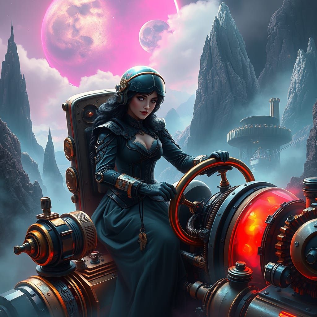 Steampunk Princess Cosmonaut in a Neon-Fantasy Cosmos