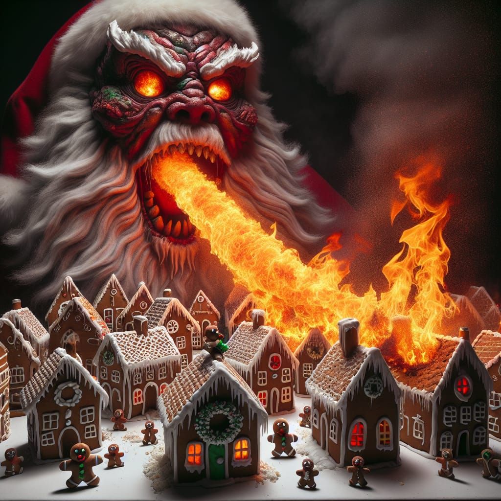 Glowing Santa Claus Exhales Crimson Fire on Gingerbread Vill...