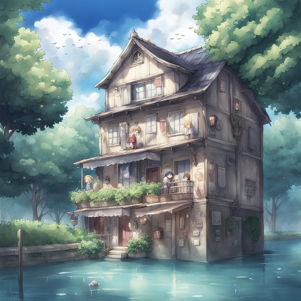 Anime House in a Meadow with Spring Water