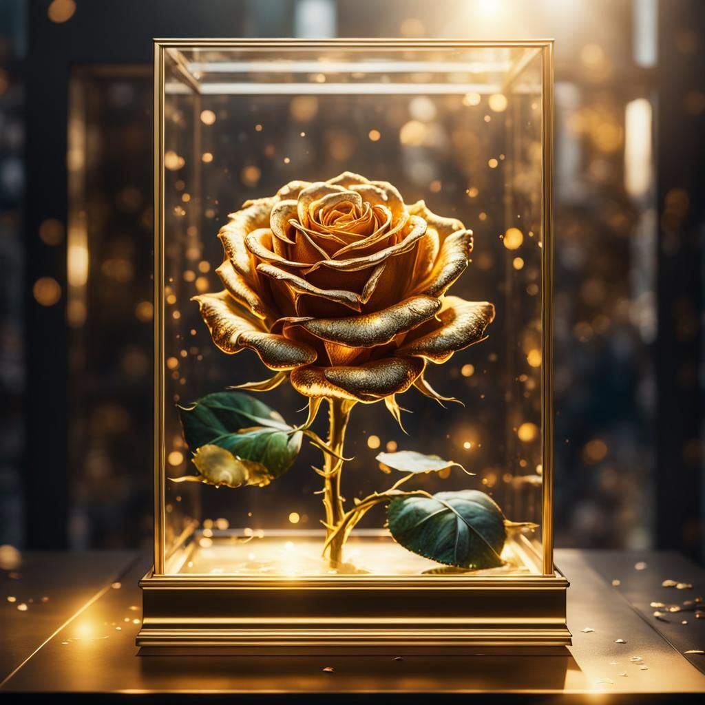 Glowing Golden Rose in Hyperrealistic Display Case