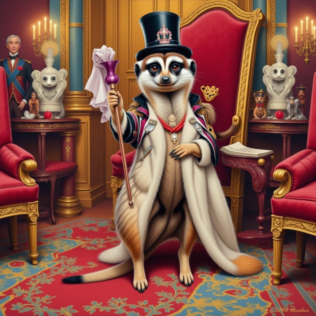 Meerkat's Royal Encounter: A Whimsical Gouache Painting