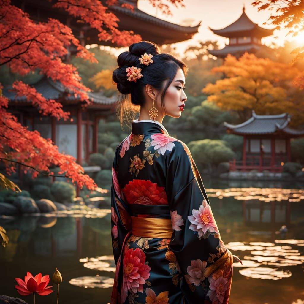 Elegant East Asian Woman in Ornate Kimono by Lotus Pond