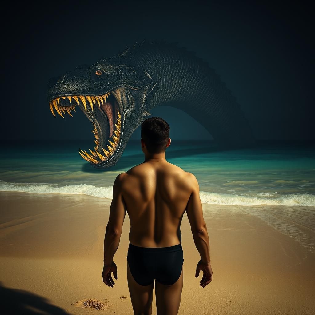 Eldritch Sea Serpent Stalks Swimmer in Ominous Light