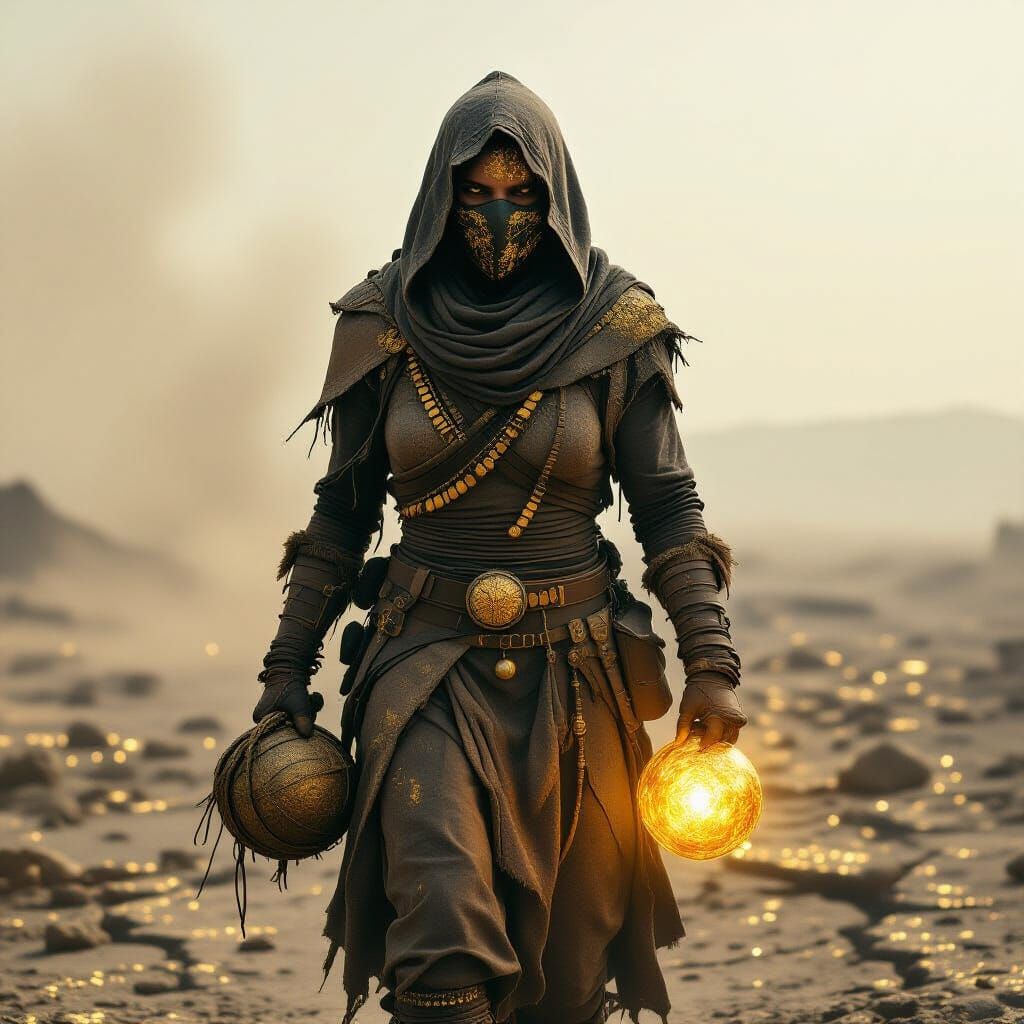 Post-Apocalyptic Wanderer with Golden Sphere