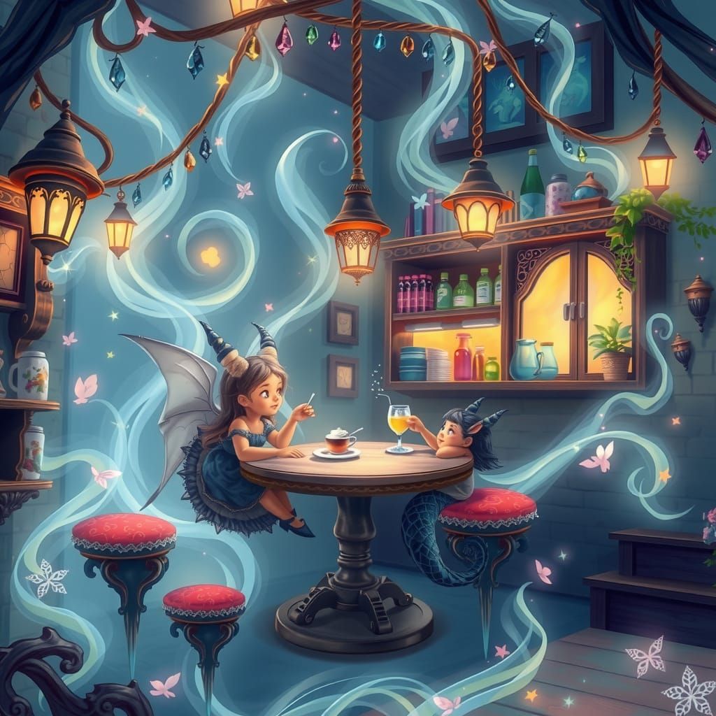 Enchanted Floating Cafe With Mystical Creatures