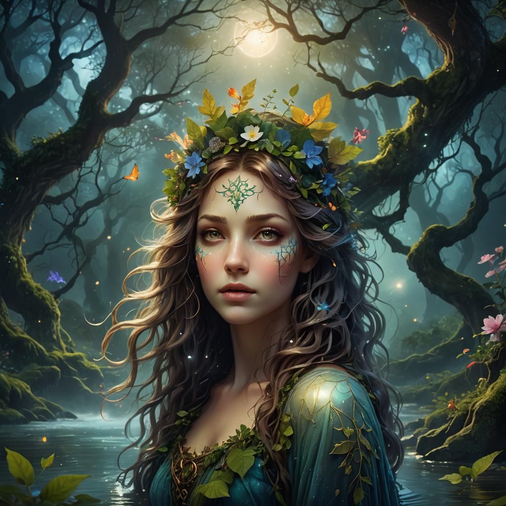 Mystical Forest Nymph Portrait in Digital Art Style