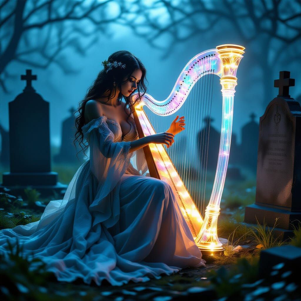 Ethereal Harpist in Cemetery, Hyper-Realistic Art