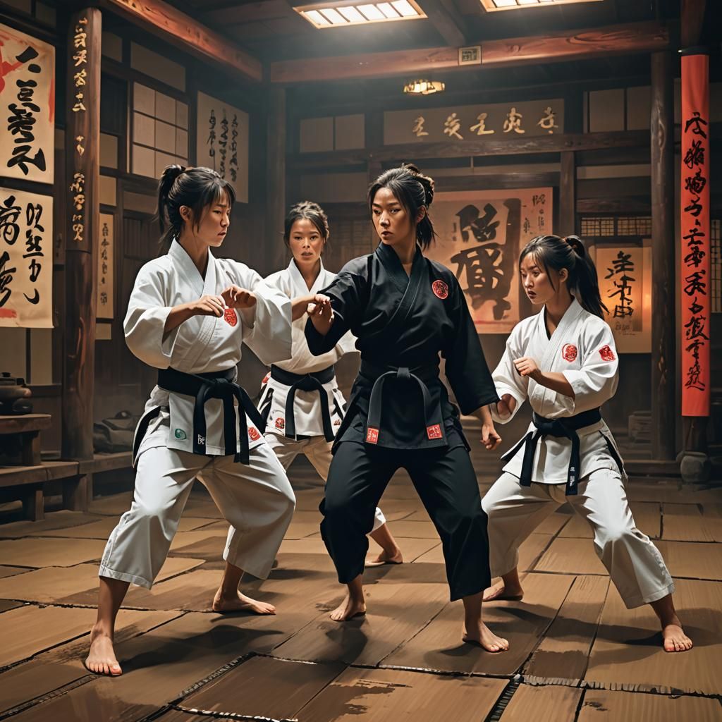 Women Warriors Practicing Jujutsu in Mystical Dojo