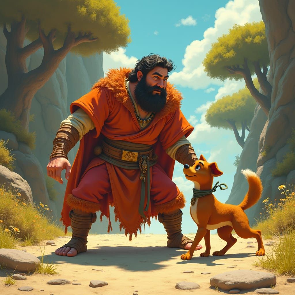 Man Mimics Dog in Earth Tones, Disney Style