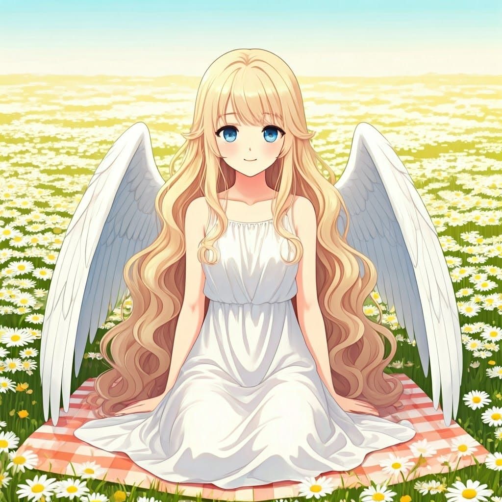 Cute Angel Girl in Daisy Field Anime Art