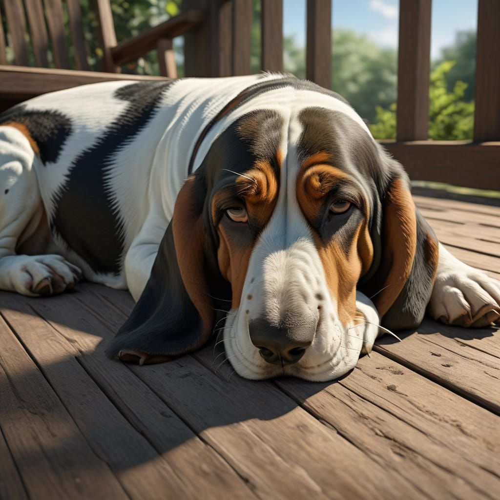 Snoozing Basset Hound on Porch: Hyperdetailed 8K Concept Art