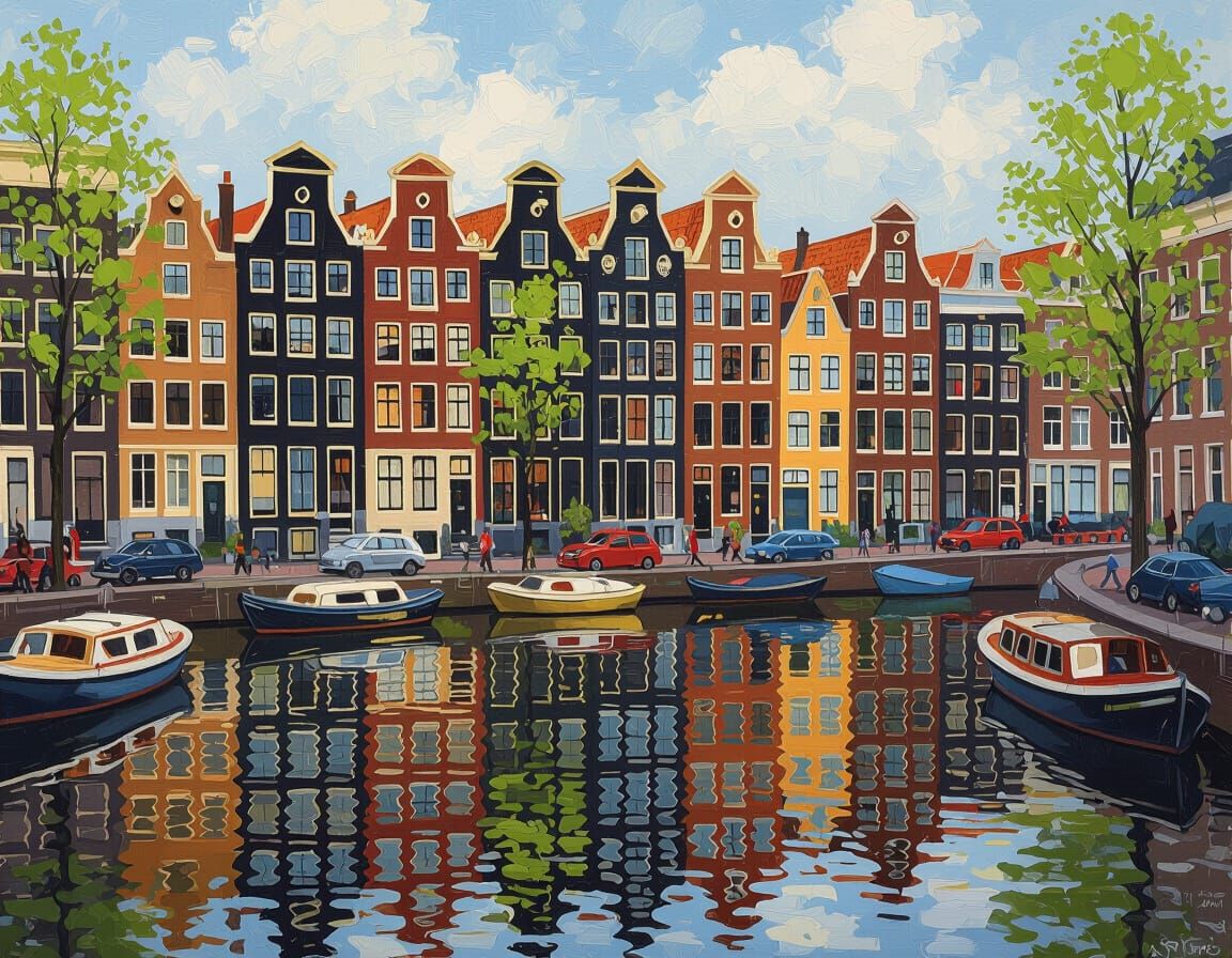 Springtime Amsterdam Canal Scene as Impressionist Painting